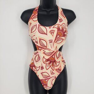 Aerie Boho Floral Print Cut Out Open Back One Piece Swimsuit S  Peach Red